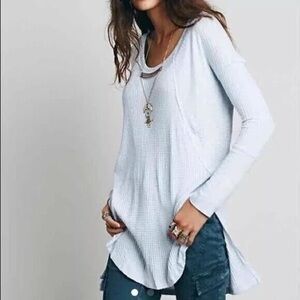 Free People Light Blue Drippy Waffle Thermal Long Sleeve Shirt Top